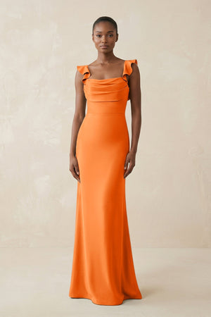 Ruffled Sleeve Sheath Satin Bridesmaid Dress in Orange - KissProm Bridesmaid Dresses