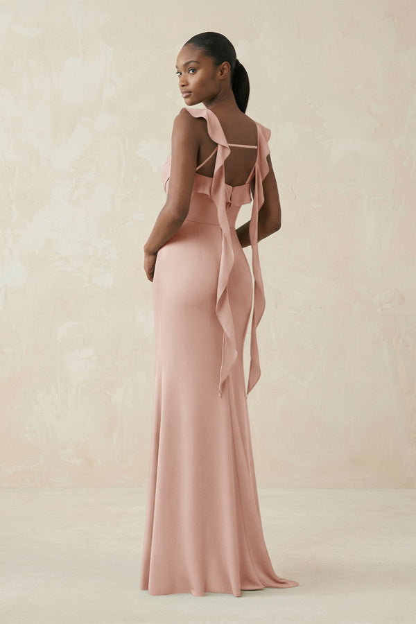 Ruffled Sleeve Sheath Satin Bridesmaid Dress in Pale Blush - KissProm Bridesmaid Dresses