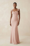 Ruffled Sleeve Sheath Satin Bridesmaid Dress in Pale Blush - KissProm Bridesmaid Dresses