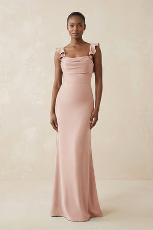 Ruffled Sleeve Sheath Satin Bridesmaid Dress in Pale Blush - KissProm Bridesmaid Dresses