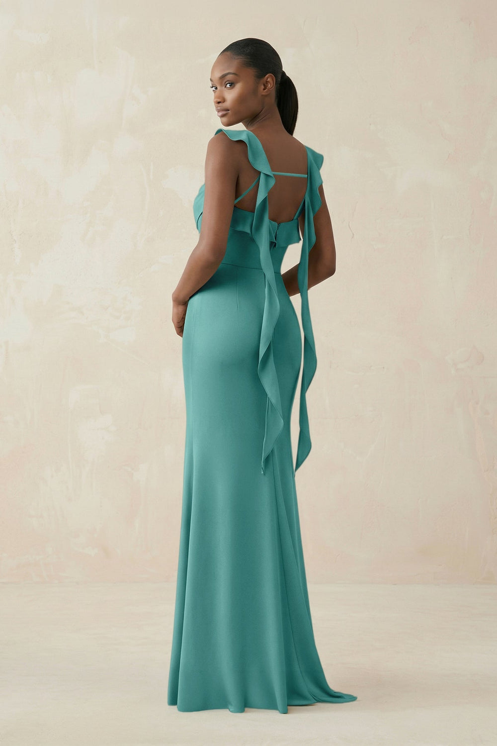 Ruffled Sleeve Sheath Satin Bridesmaid Dress in Pale Pistachio - KissProm Bridesmaid Dresses