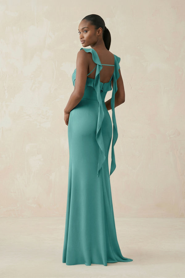 Ruffled Sleeve Sheath Satin Bridesmaid Dress in Pale Pistachio - KissProm Bridesmaid Dresses