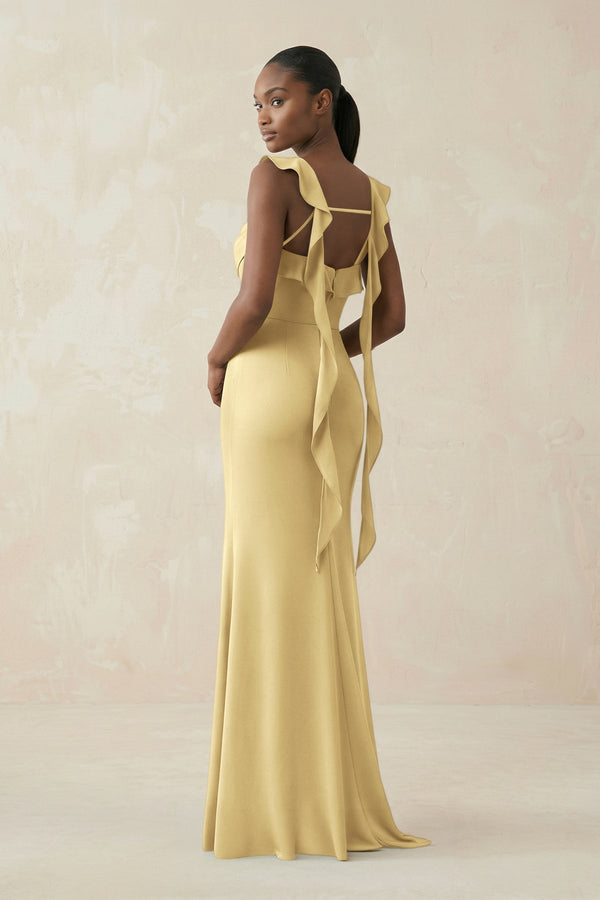 Ruffled Sleeve Sheath Satin Bridesmaid Dress in Pastel Yellow - KissProm Bridesmaid Dresses