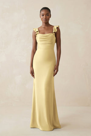 Ruffled Sleeve Sheath Satin Bridesmaid Dress in Pastel Yellow - KissProm Bridesmaid Dresses