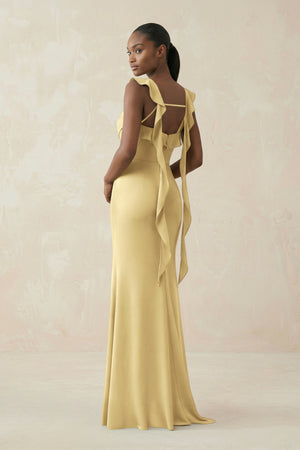 Ruffled Sleeve Sheath Satin Bridesmaid Dress in Pastel Yellow - KissProm Bridesmaid Dresses