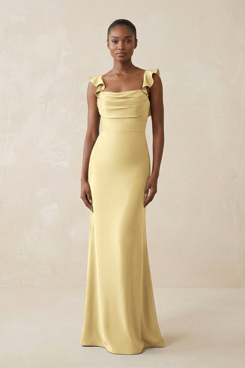 Ruffled Sleeve Sheath Satin Bridesmaid Dress in Pastel Yellow - KissProm Bridesmaid Dresses