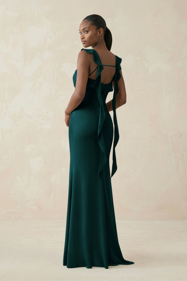Ruffled Sleeve Sheath Satin Bridesmaid Dress in Pine - KissProm Bridesmaid Dresses