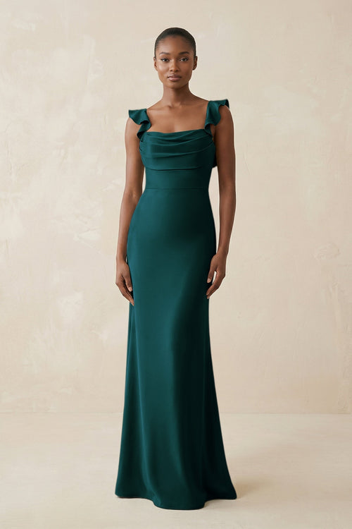 Ruffled Sleeve Sheath Satin Bridesmaid Dress in Pine - KissProm Bridesmaid Dresses