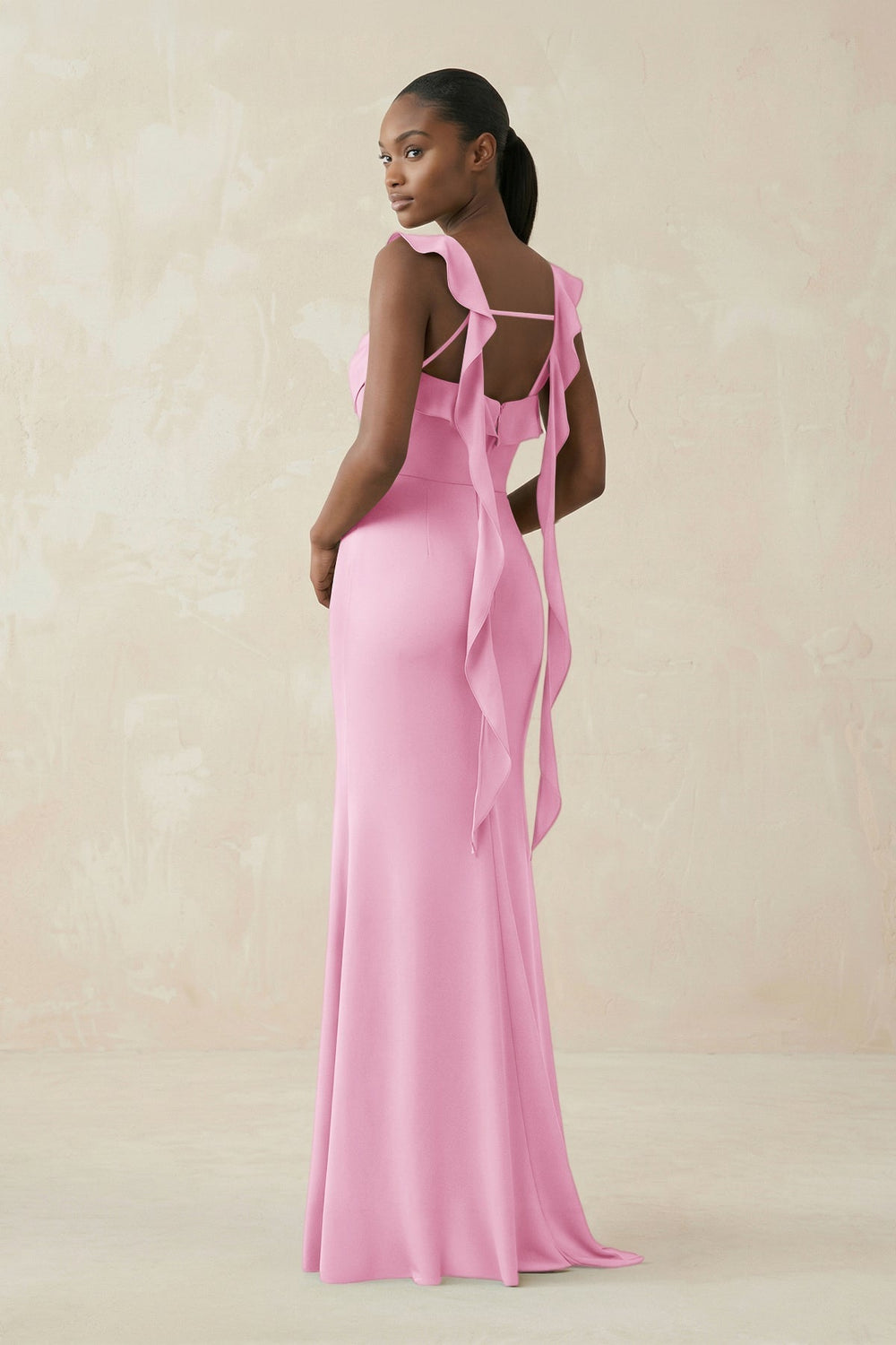 Ruffled Sleeve Sheath Satin Bridesmaid Dress in Pink - KissProm Bridesmaid Dresses