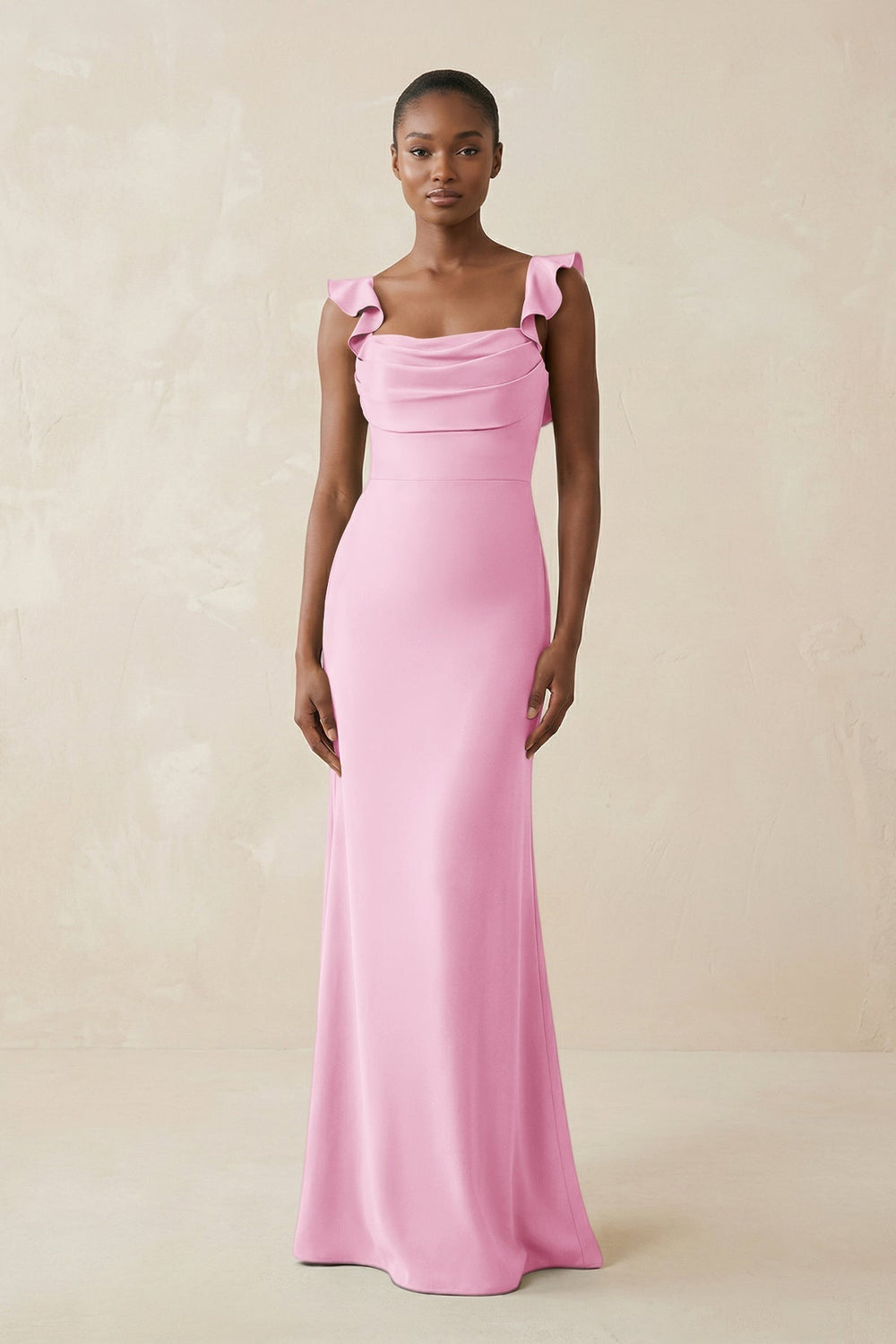 Ruffled Sleeve Sheath Satin Bridesmaid Dress in Pink - KissProm Bridesmaid Dresses