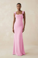 Ruffled Sleeve Sheath Satin Bridesmaid Dress in Pink - KissProm Bridesmaid Dresses
