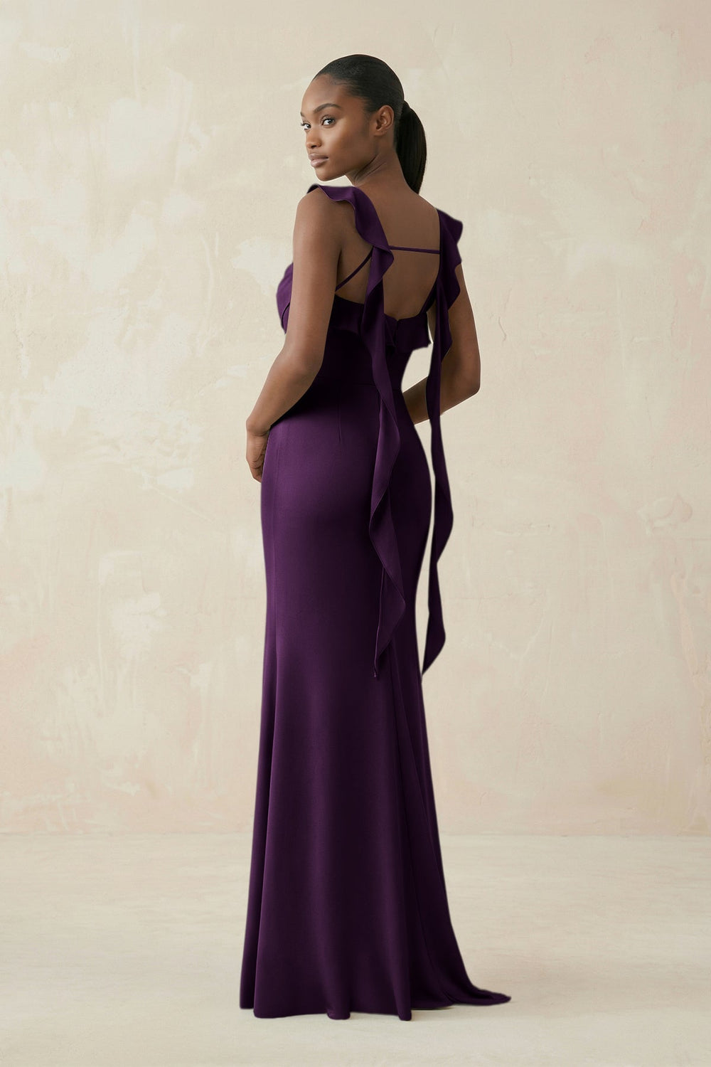 Ruffled Sleeve Sheath Satin Bridesmaid Dress in Plum - KissProm Bridesmaid Dresses