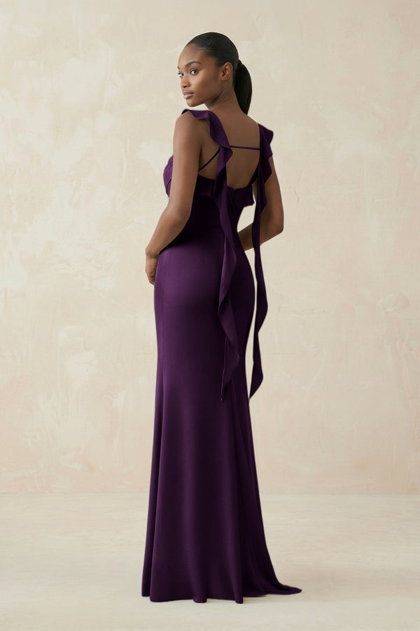Ruffled Sleeve Sheath Satin Bridesmaid Dress in Plum - KissProm Bridesmaid Dresses