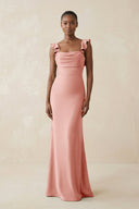 Ruffled Sleeve Sheath Satin Bridesmaid Dress in Rose Petal - KissProm Bridesmaid Dresses