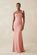 Ruffled Sleeve Sheath Satin Bridesmaid Dress in Rose Petal - KissProm Bridesmaid Dresses