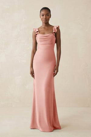 Ruffled Sleeve Sheath Satin Bridesmaid Dress in Rose Petal - KissProm Bridesmaid Dresses