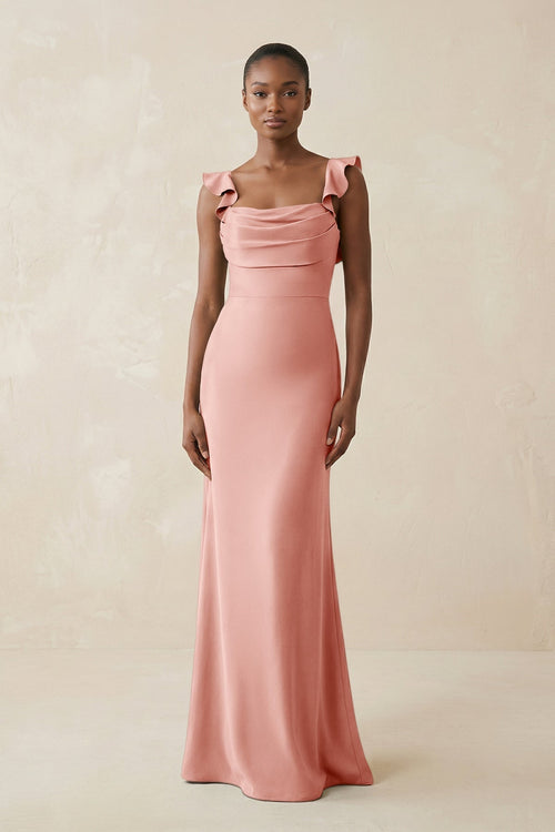 Ruffled Sleeve Sheath Satin Bridesmaid Dress in Rose Petal - KissProm Bridesmaid Dresses