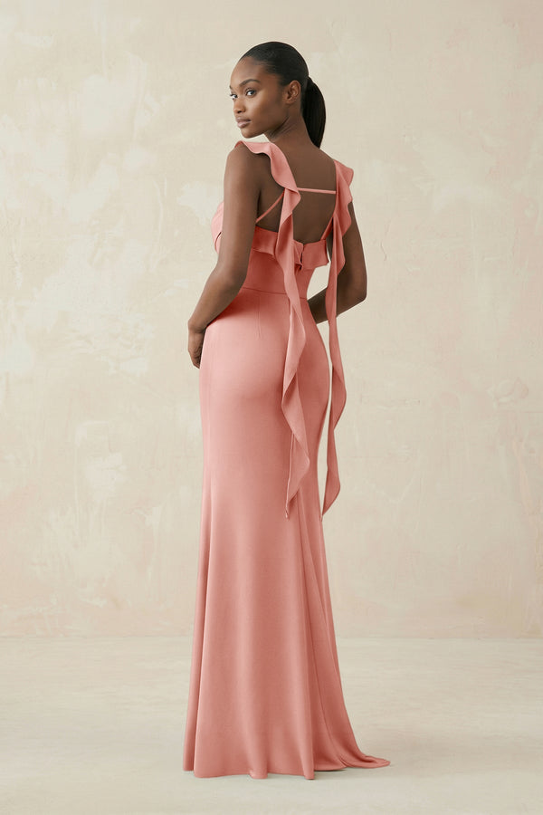 Ruffled Sleeve Sheath Satin Bridesmaid Dress in Rose Petal - KissProm Bridesmaid Dresses