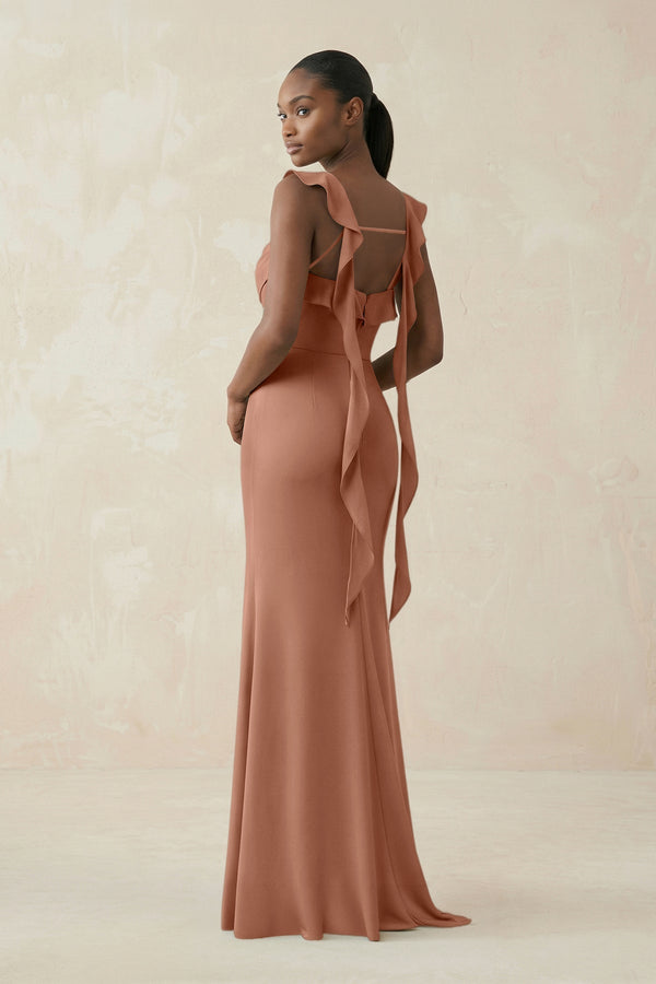 Ruffled Sleeve Sheath Satin Bridesmaid Dress in Rosette - KissProm Bridesmaid Dresses