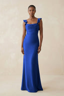 Ruffled Sleeve Sheath Satin Bridesmaid Dress in Royal Blue - KissProm Bridesmaid Dresses
