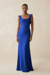 Ruffled Sleeve Sheath Satin Bridesmaid Dress in Royal Blue - KissProm Bridesmaid Dresses