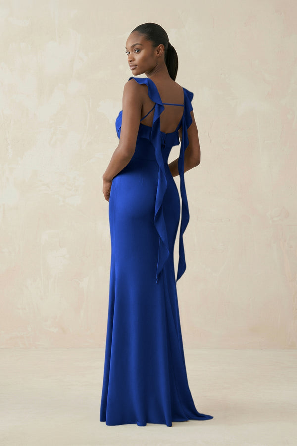 Ruffled Sleeve Sheath Satin Bridesmaid Dress in Royal Blue - KissProm Bridesmaid Dresses