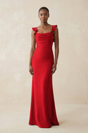 Ruffled Sleeve Sheath Satin Bridesmaid Dress in Ruby Red - KissProm Bridesmaid Dresses