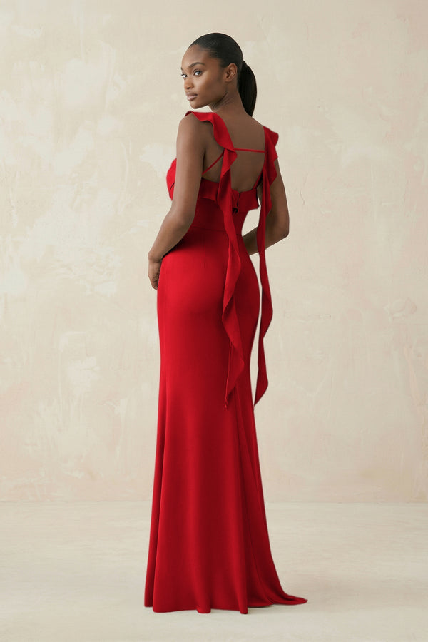 Ruffled Sleeve Sheath Satin Bridesmaid Dress in Ruby Red - KissProm Bridesmaid Dresses