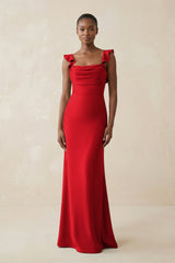 Ruffled Sleeve Sheath Satin Bridesmaid Dress in Ruby Red - KissProm Bridesmaid Dresses