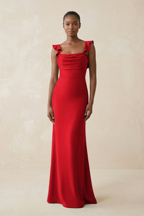 Ruffled Sleeve Sheath Satin Bridesmaid Dress in Ruby Red - KissProm Bridesmaid Dresses
