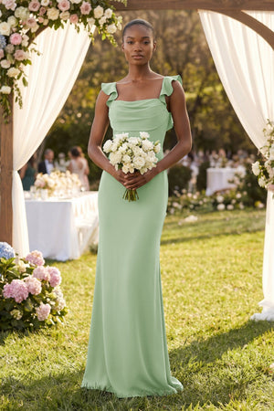 Ruffled Sleeve Sheath Satin Bridesmaid Dress in Sage - KissProm Bridesmaid Dresses