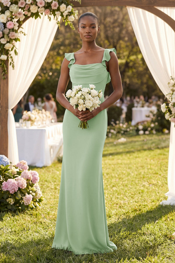 Ruffled Sleeve Sheath Satin Bridesmaid Dress in Sage - KissProm Bridesmaid Dresses