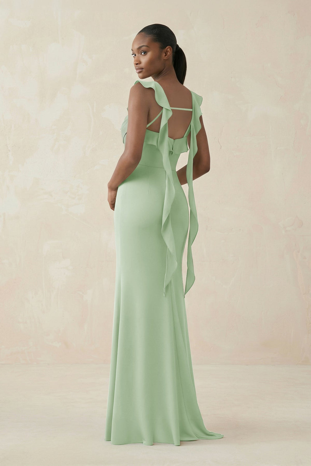 Ruffled Sleeve Sheath Satin Bridesmaid Dress in Sage - KissProm Bridesmaid Dresses