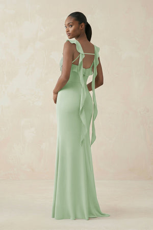 Ruffled Sleeve Sheath Satin Bridesmaid Dress in Sage - KissProm Bridesmaid Dresses