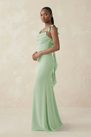 Ruffled Sleeve Sheath Satin Bridesmaid Dress in Sage - KissProm Bridesmaid Dresses