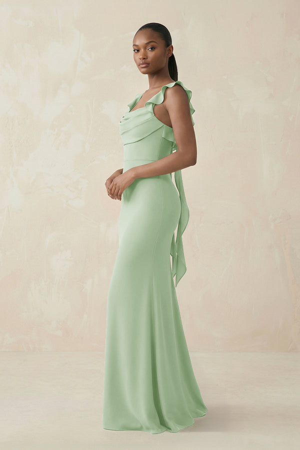 Ruffled Sleeve Sheath Satin Bridesmaid Dress in Sage - KissProm Bridesmaid Dresses
