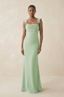 Ruffled Sleeve Sheath Satin Bridesmaid Dress in Sage - KissProm Bridesmaid Dresses