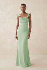 Ruffled Sleeve Sheath Satin Bridesmaid Dress in Sage - KissProm Bridesmaid Dresses
