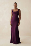 Ruffled Sleeve Sheath Satin Bridesmaid Dress in Sangria - KissProm Bridesmaid Dresses