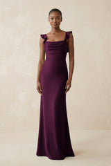 Ruffled Sleeve Sheath Satin Bridesmaid Dress in Sangria - KissProm Bridesmaid Dresses