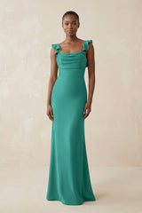 Ruffled Sleeve Sheath Satin Bridesmaid Dress in Sea Glass - KissProm Bridesmaid Dresses