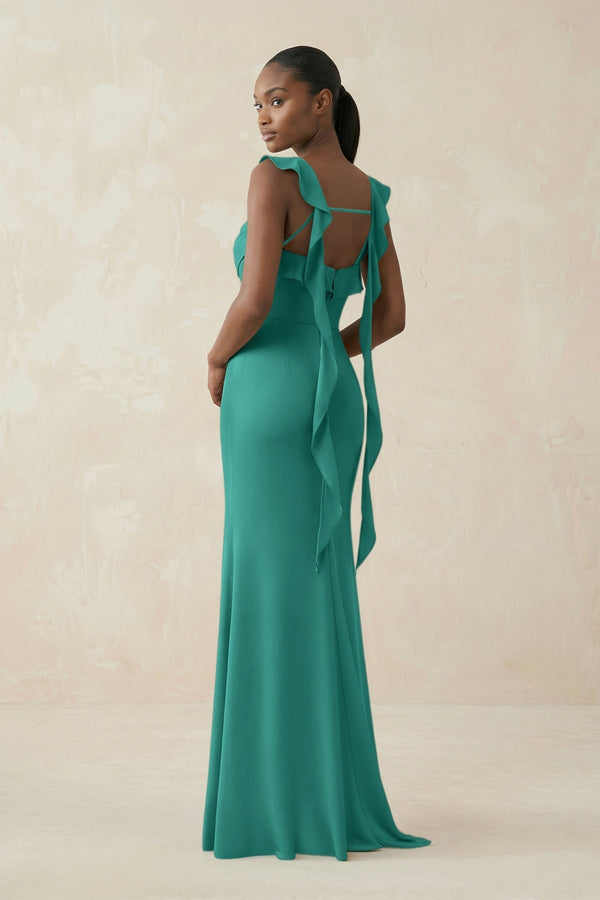 Ruffled Sleeve Sheath Satin Bridesmaid Dress in Sea Glass - KissProm Bridesmaid Dresses