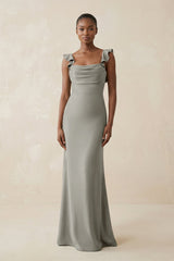 Ruffled Sleeve Sheath Satin Bridesmaid Dress in Silver - KissProm Bridesmaid Dresses