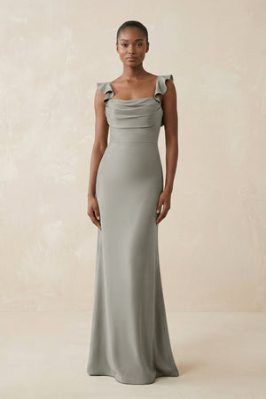 Ruffled Sleeve Sheath Satin Bridesmaid Dress in Silver - KissProm Bridesmaid Dresses