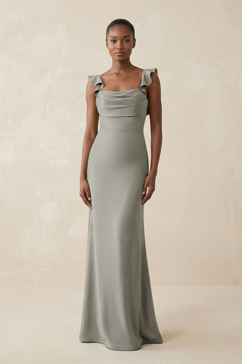 Ruffled Sleeve Sheath Satin Bridesmaid Dress in Silver - KissProm Bridesmaid Dresses