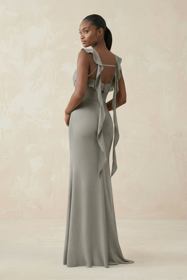 Ruffled Sleeve Sheath Satin Bridesmaid Dress in Silver - KissProm Bridesmaid Dresses