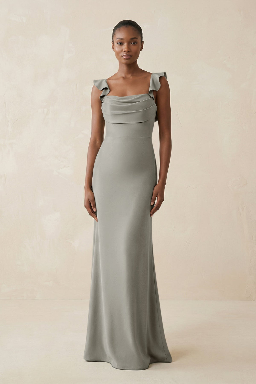 Ruffled Sleeve Sheath Satin Bridesmaid Dress in Silver - KissProm Bridesmaid Dresses