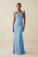 Ruffled Sleeve Sheath Satin Bridesmaid Dress in Sky Blue - KissProm Bridesmaid Dresses