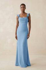 Ruffled Sleeve Sheath Satin Bridesmaid Dress in Sky Blue - KissProm Bridesmaid Dresses