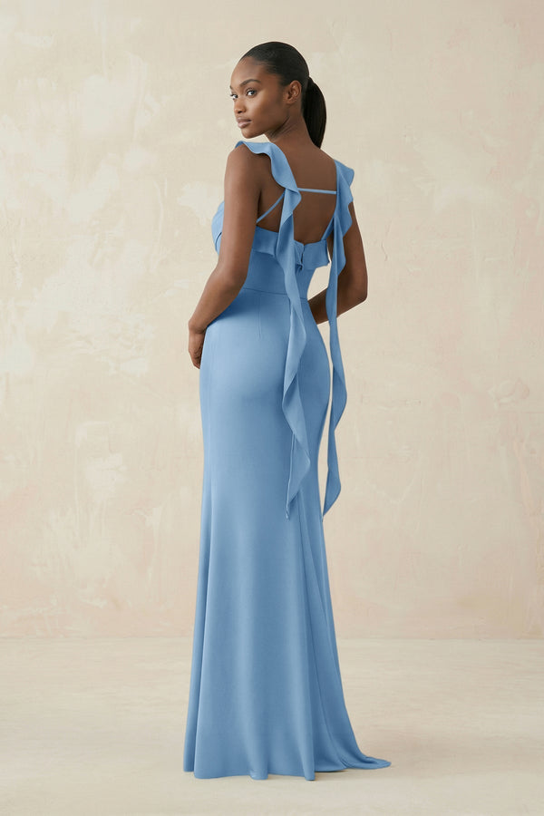 Ruffled Sleeve Sheath Satin Bridesmaid Dress in Sky Blue - KissProm Bridesmaid Dresses